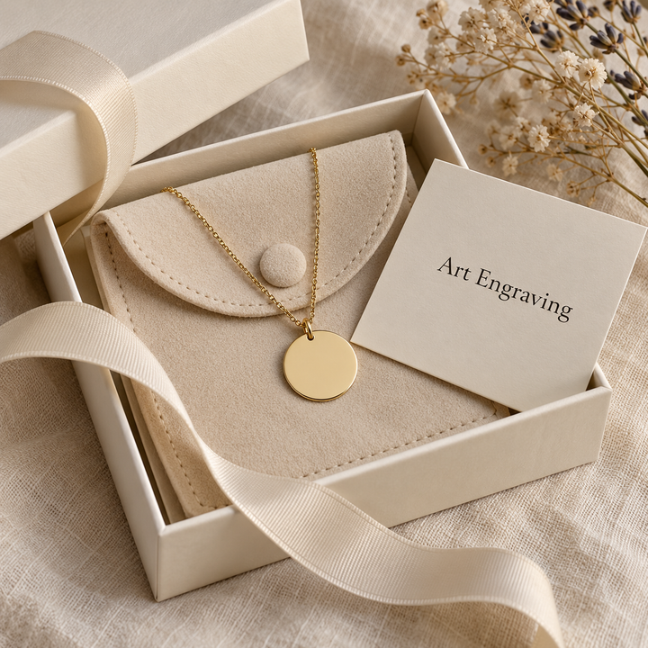 Art Engraving gift box with suede pouch, necklace and card