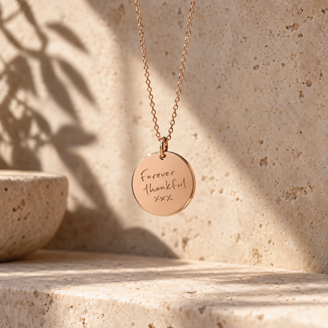 Rose gold handwriting necklace engraved Forever thankful
