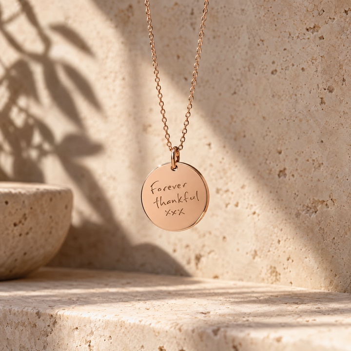 Rose gold handwriting necklace engraved Forever thankful