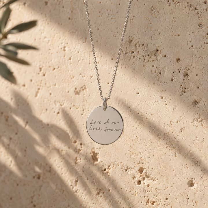 Silver handwriting necklace engraved with a handwritten message