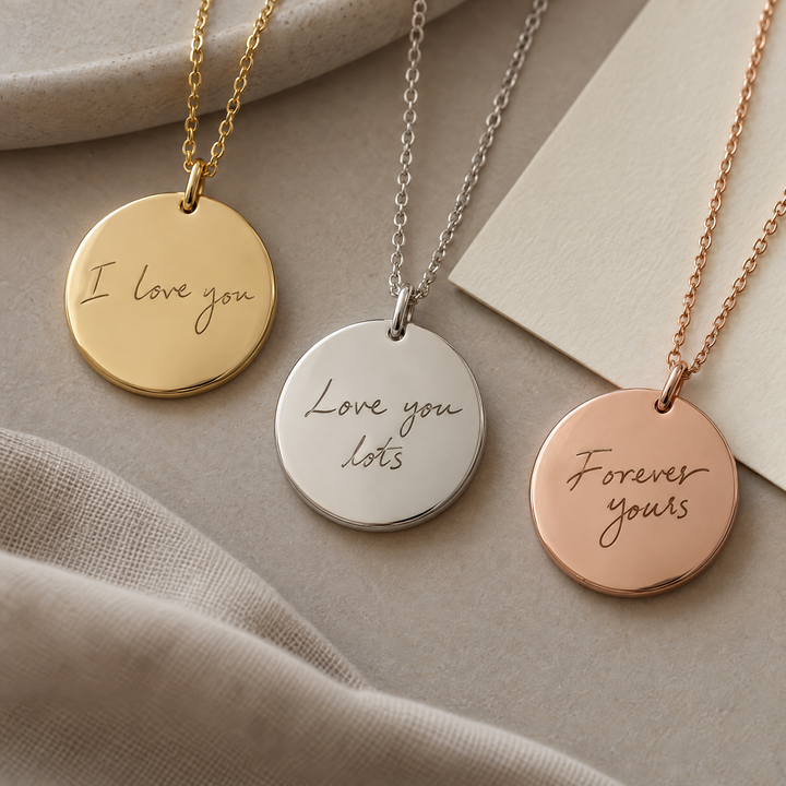 Handwriting necklaces in gold, silver and rose gold