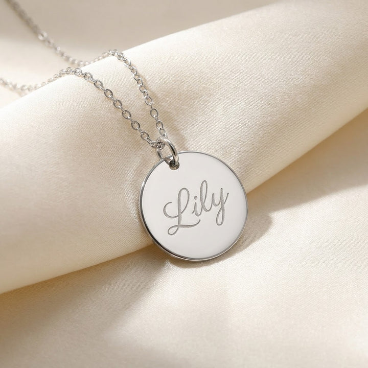 Silver personalised name necklace engraved with Lily in script