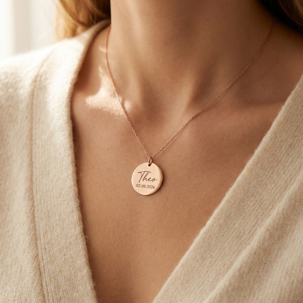 Rose gold new mum necklace engraved with Theo, worn on the collarbone