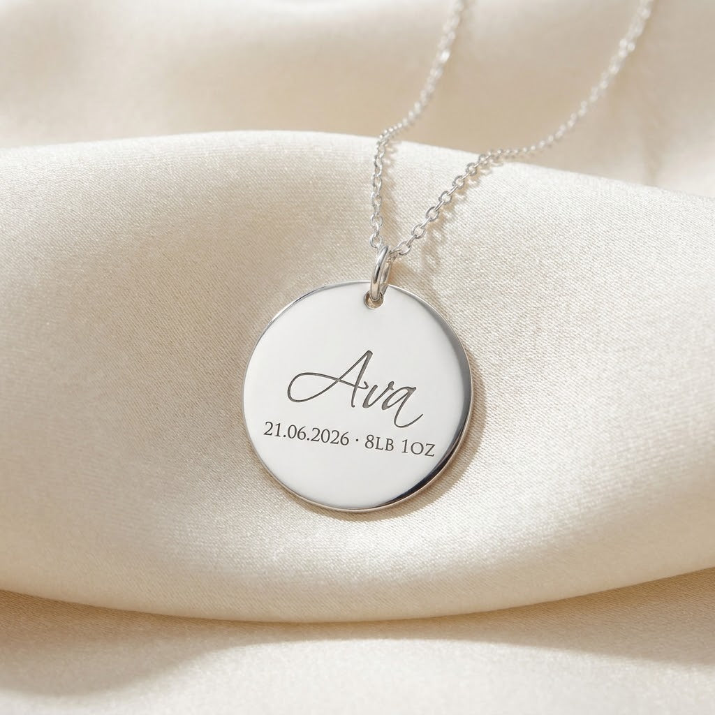 Silver new mum necklace engraved with Ava and date of birth