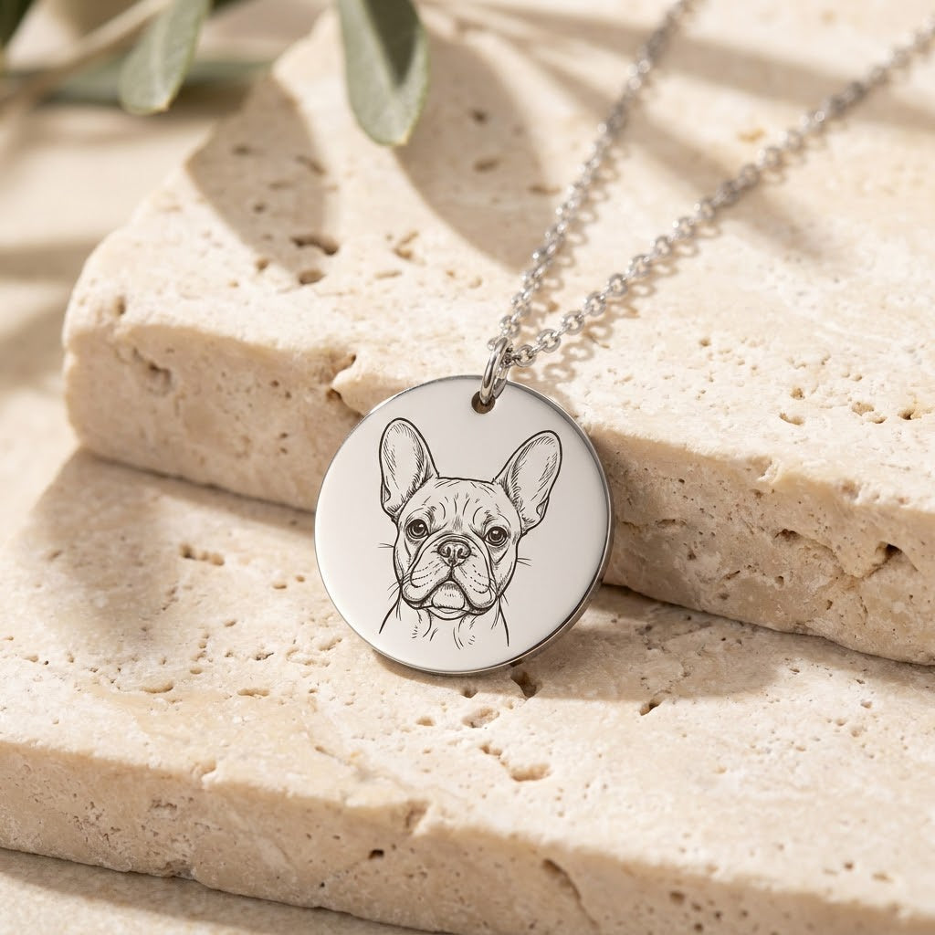 Silver pet portrait necklace engraved with a French Bulldog face in fine line art
