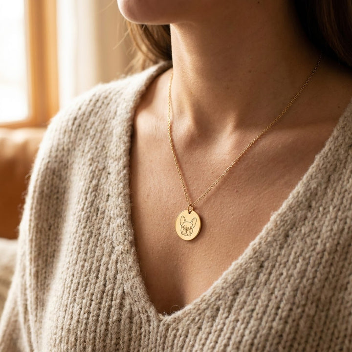 Gold French Bulldog portrait necklace worn on the collarbone