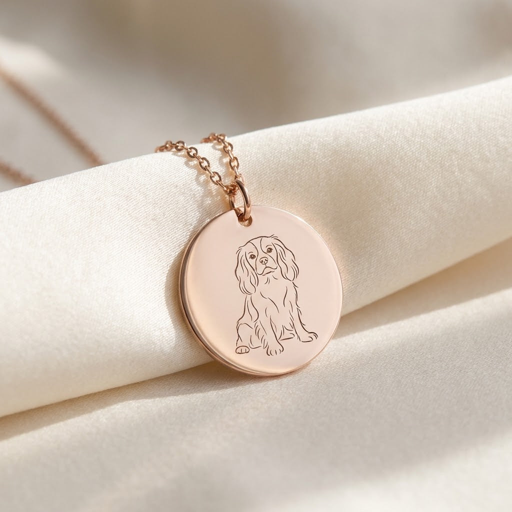 Rose gold pet portrait necklace engraved with a Cavalier King Charles Spaniel