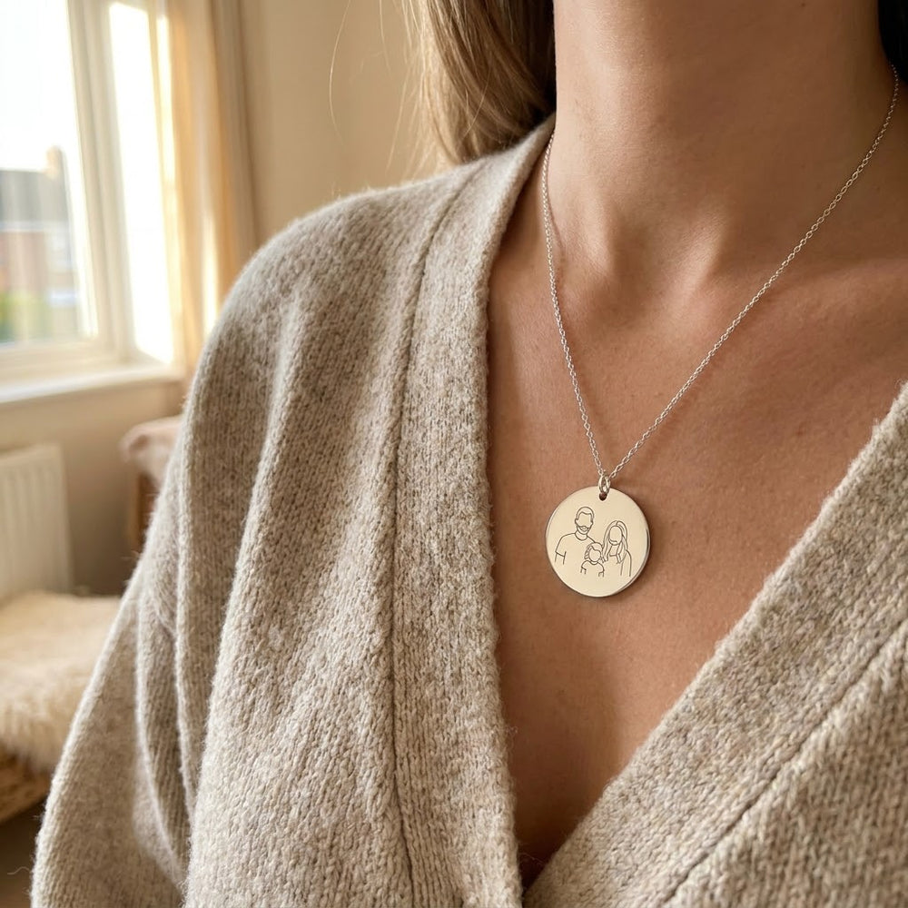 Silver family portrait photo necklace worn on the collarbone